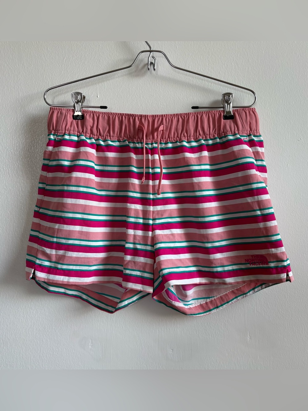 The North Face Women’s Striped Athletic Shorts Pink White Teal Logo M